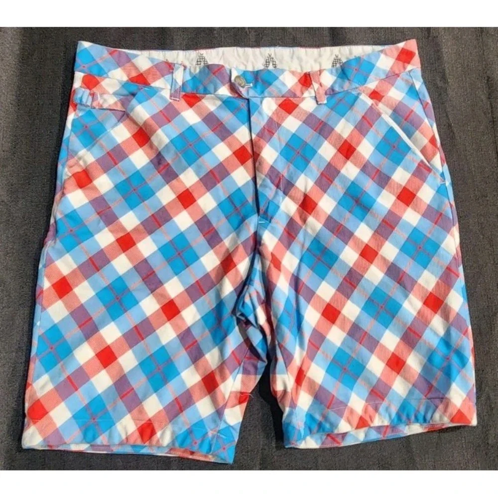 Royal & Awesome Golf Shorts Mens 36 Red Blue Plaid Cotton‎ Stretch Classic Fit